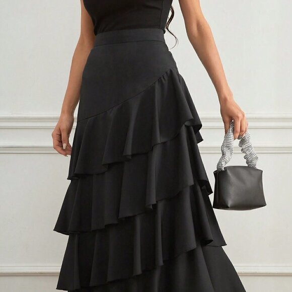 Black Preppy Women's Multi-Layer Ruffle Hem Midi Skirt - Picture 2 of 5